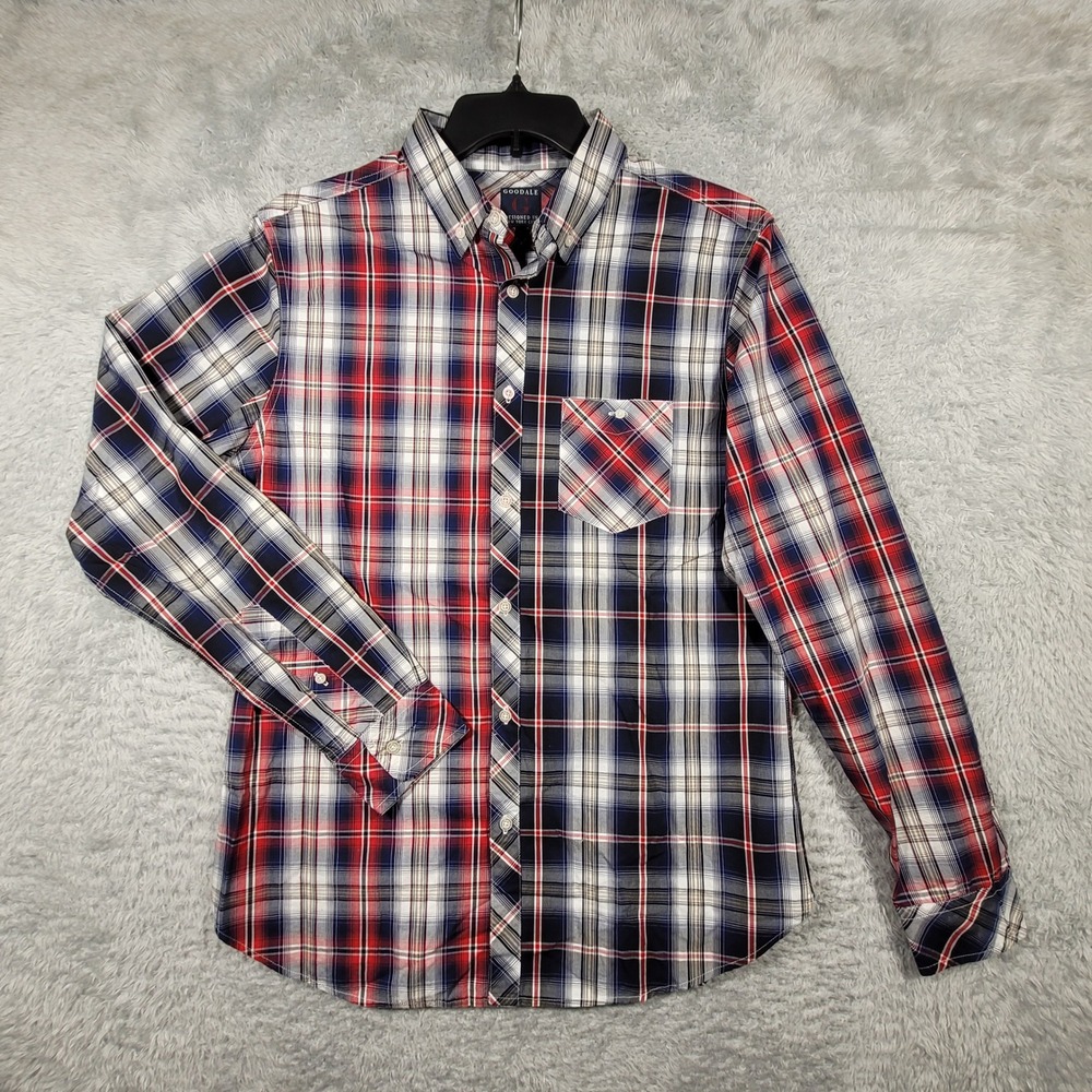 GOODALE Mens Large Plaid Long Sleeve Button Down Shirt Red Blue White